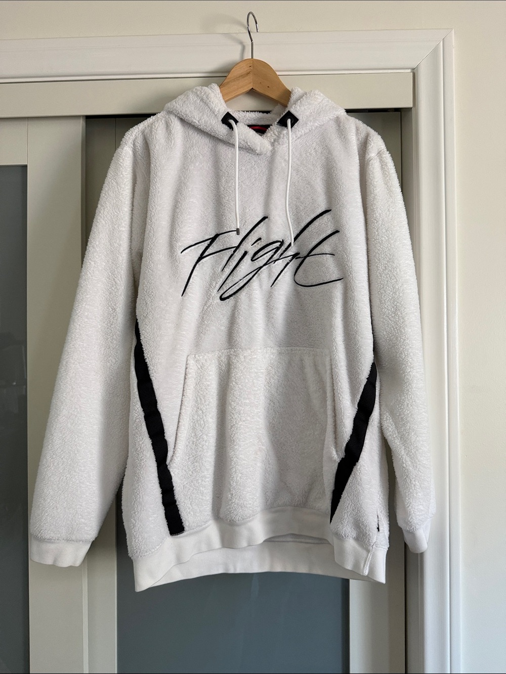 Jordan White Sherpa Hoodie with Black 'Flight' Script